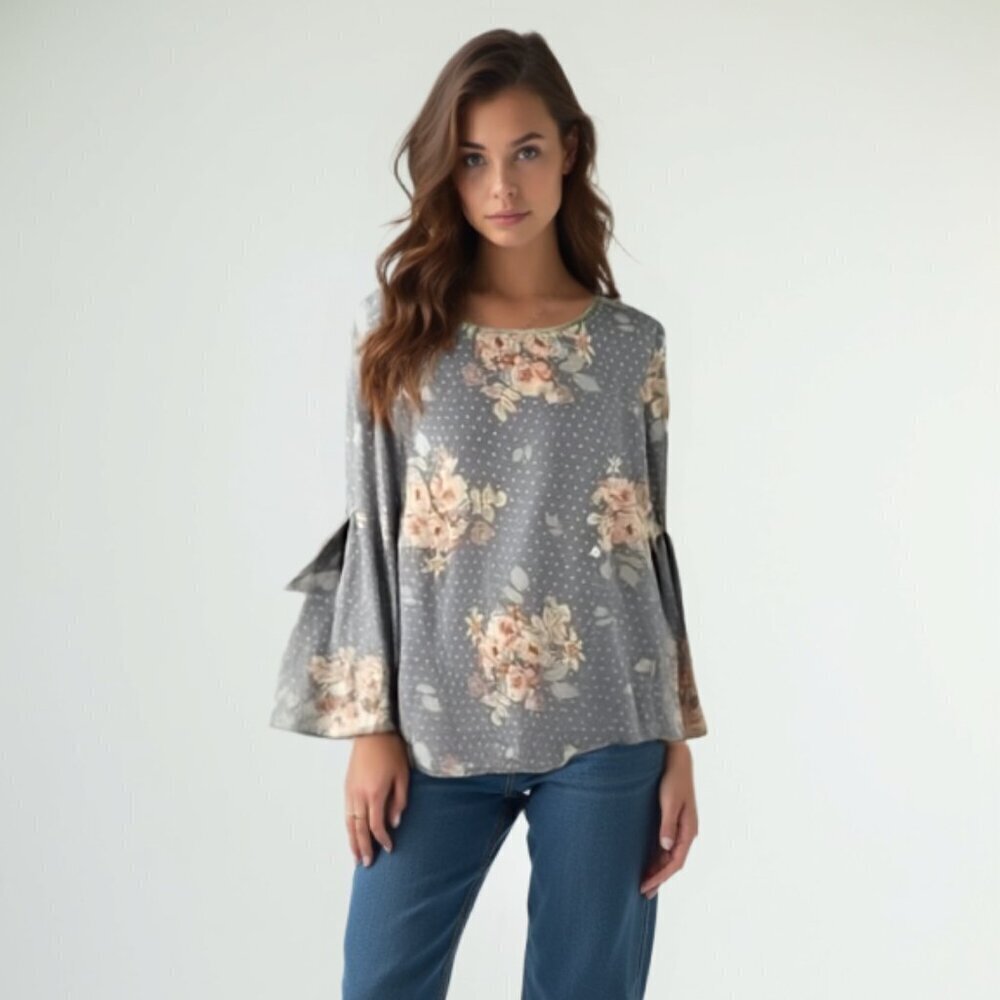 Rose & Olive Floral Bell Sleeve Blouse Grey Medium